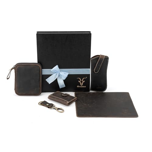 Image of Goatter Genuine Leather Gift Hamper for Men, Wallet, Travel Organizer, Sunglass Case, Mouse Pad and Key Chain, (Set of 5 Gift Set)