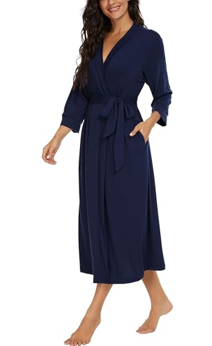 Image of VINTATRE Robes for Women Long Knit Bathrobe XS-4XL | 3 /4 Sleeve Bathrobes with Pockets, Stretchy and Lightweight Fabric, Inner Tie and Fixed Outer Matching Belt, Mid Calf Length