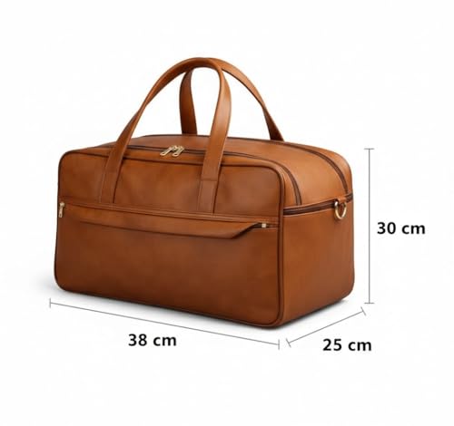 Image of Premium Leather Travel Duffel Bag, Brown, 38x25x30 cm, Large Capacity, Water-Resistant, Weekender Overnight Gym Carry-On Bag for Men and Women