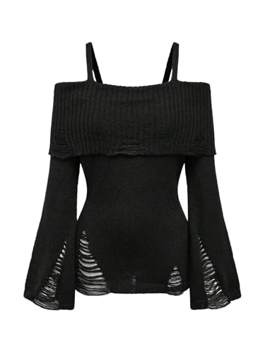 SOLY HUX Women's Cold Shoulder Ripped Sweater Goth Punk...