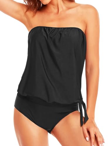 Yutdeng Tankini Traje de Baño para Mujer Dos Piezas Push Up Conjunto de Bañador Bandeau Relleno Top Tirantes Ajustables Desmontables Tankinis Vientre Plano Trajes de Baño 2 Piezas Braga Swimwear Playa