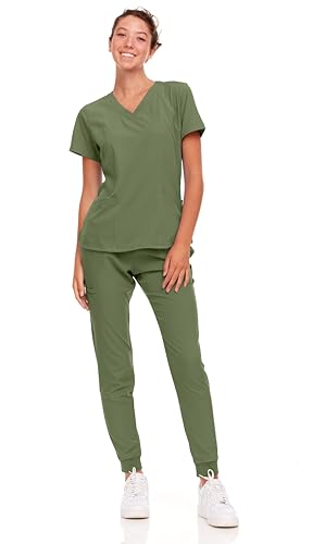 Natural Uniforms Womens Cool Stretch Jogger Scrub Set (Olive, Medium)
