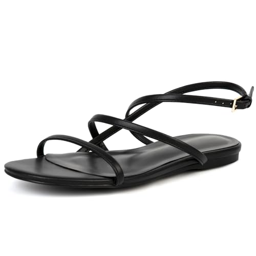 Strappy Flat Sandals for Women Round Open Toe Beaded Flats Ankle Strap Summer Beach Casual Dress Sandal Shoes