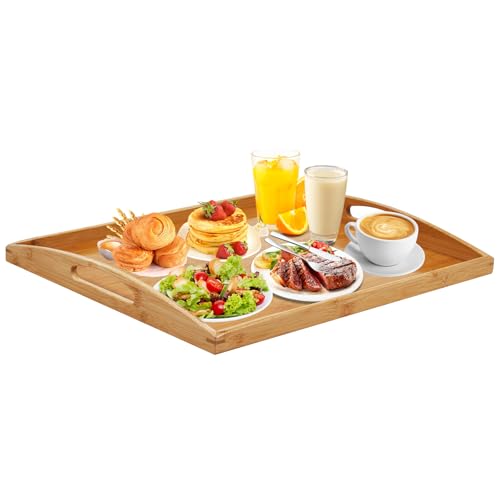 Bandejas de madera extragrandes para servir alimentos, bandeja rectangular de bambú con asas para comer el desayuno y la cena, bandeja de madera para servir té, café y aperitivos (50 x 40 cm)