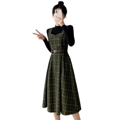 Generisch Elegant Wolle Kleid Damen Herbstkleid Modisch Vintage Karierte Freizeitkleid Winterkleid Trägerkleid Ärmellose Lässig Schnürkleid...