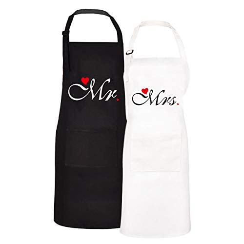 Product Image of the 2Pcs Couple Kitchen Cotton Apron with Pocket, Mr. and Mrs. Apron Women Men Apron, Black White Cooking Apron for Home BBQ.