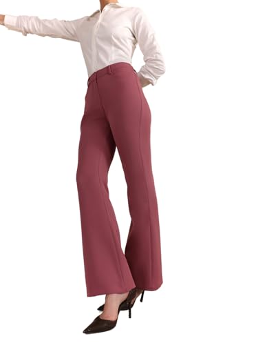 Image of FableStreet Women Formal Trousers | Flared Mid-Rise Design with Belt Loops & Plain Hem | Solid Pattern & Woven Construction | Office Wear & Business Meetings