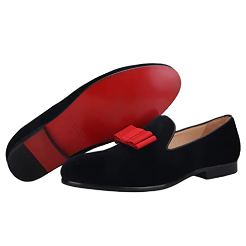 FERUCCI Men Plain Black Velvet with Red Bow Slippers Loafers Prom Wedding2
