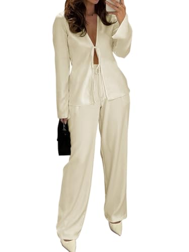 Womens Sexy Silk Satin 2 Piece Outfits Tie Front Long Sleeve Shirts and Pants Lounge Pajamas Sets Going Out Matching Set Beige
