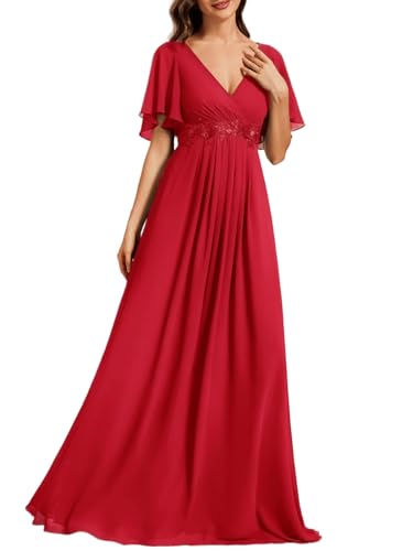 Image of Ever-Pretty Women's Spring Short Sleeve Bridesmaid Dresses V-Neck Chiffon Ruched Empire Waist Appliques Long Formal Dress