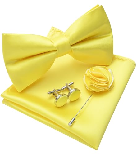 Image of Solid Color Bow Ties for Men Silk Pre-tied Tuxedo Bowtie Set 4PCS | Pre-tied in 3 seconds,adjustable 4PCS bow tie and pocket square cufflinks lapel pin set,wedding,formal,party,prom,graduation