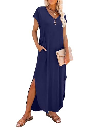 RUMIA Summer Casual Maxi Dresses for Women- Women's V Neck Cap Sleeve Long Sundress with Pockets Beach Vacation Navy