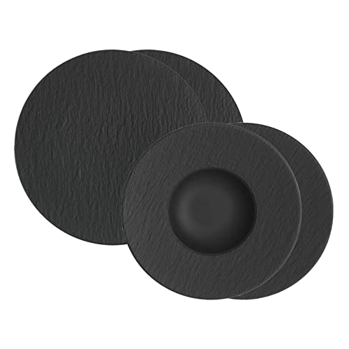 Villeroy & Boch Manufacture Rock Service à pizza et pâtes pour 2 personnes, vaisselle aspect ardoise, porcelaine de qualité supérieure, passe au lave-vaisselle/au micro-ondes, noir