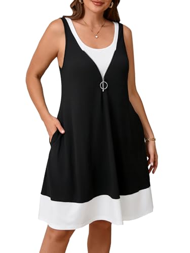 Image of Verdusa Women's Plus Size Summer Dress Color Block Quarter Zip Tank Dress Sleeveless Short Dresses