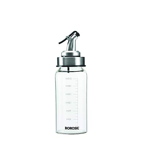 Borosil 250ml Oil Dispencer | Borosilicate Glass Oil Bottle with Silicon Funnel | Leakproof, BPA Free Oil Container for Kitchen | Transparent