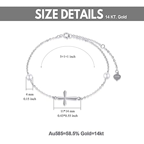 14k Gold Cross Bracelet for Women, Real Pearl Religious Bracelet, Confirmation Gifts for Her, 6.3"+1"+1"4