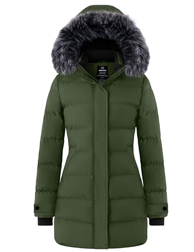 wantdo Womens Faux Fur Parka Padded Winter Jacket Waterproof Long Coats Army Gree L
