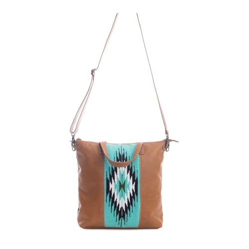 Myra Bag Shoulder Bag for Women - Western Upcycled Leather and Canvas Handbag Caramel & Teal2
