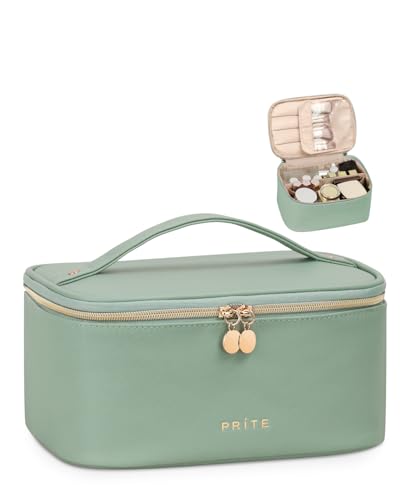 Prite Large Makeup Bag for Women Travel Cosmetic Case Waterproof Leather Toiletry Bag Portable Make Up Organiser Pouch with Handle and Removable Divider (Green)