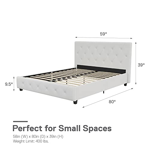 Dhp Dakota Upholstered Platform Bed With Diamond Button Tufted Headboard And Footboard, No Box Spring Needed, Full, White Faux Leather #TOP1