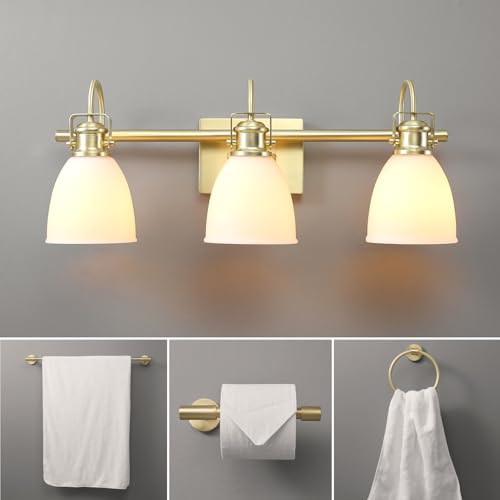 Image of Globe Electric 4-Piece All-in-One Bathroom Set, Matte Brass, 3-Light Vanity Light with Frosted Opal Glass Shades, Towel Bar, Toilet Paper Holder, Towel Ring