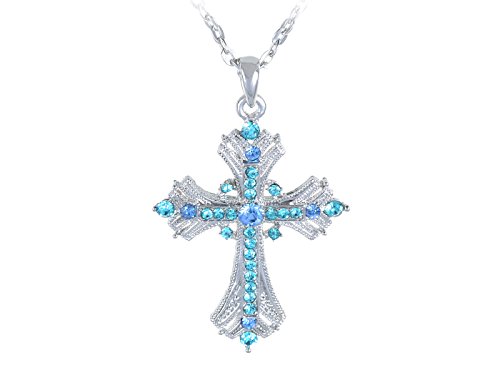 Image of Alilang Silvery Tone Religious Cross Pendant Necklace w /Aquamarine Blue Or Clear Crystal Rhinestones