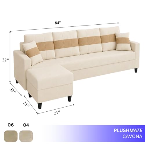 Image of Cavona 5 Seater L Shape Sofa Set with Movable Ottoman | Flexible Layout | Luxury Velvet Suede Fabric | Modern Living Room Sofa | Cream