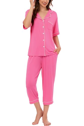 Image of LUBOT Womens Bamboo Viscose Pajamas for Women PJ Set 2 Piece Cooling Soft Short Sleeve Capri Pants Summer Sleepwear Set S-XXL