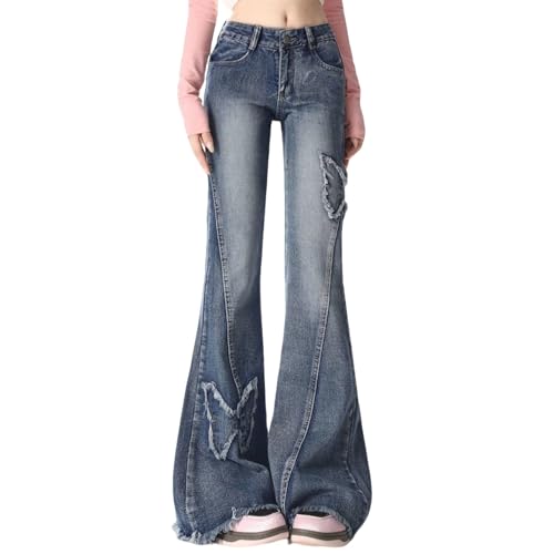 Women Bell Bottom Denim Pants Butterfly Embroidery High Waisted Classic Flared Y2k Solid Baggy Jeans Raw Hem