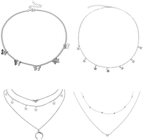 4 Sets Layered Choker Necklace Gold Butterfly Star Moon Heart Pendant Necklace Cute Vsco Multilayer Chain Choker Necklace for women teen girl