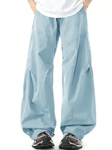 Haloumoning Boys Parachute Pants Kids Baggy Wide Leg Elastic Waist Track Pants Athletic Joggers with Pockets 5-14Y Sky Blue