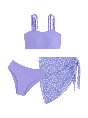 Image of OYOANGLE Girl's 3 Piece Swimsuits Ruffle Trim Wireless Bikini Set Bathing Suits with Floral Print Cover Ups Mauve Purple 9Y