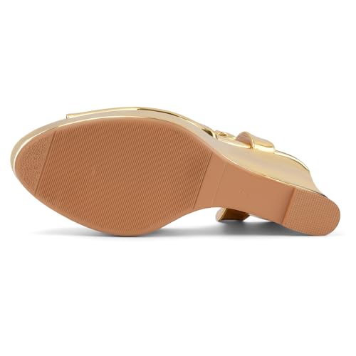 Image of Women's Dressy Platform Wedge Sandals Gold Wedges Peep Toe Patent High Heels Slingback Heeled Comfortable Ankle Strap Shoes