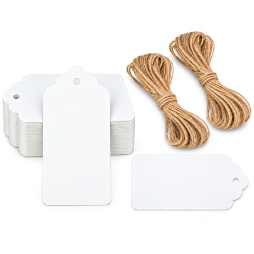 G2PLUS White Gift Tags with String, 2'' x 4'' Paper Gift Tag, 100PCS Rectangle Blank Tags with Holes for Arts and Crafts, Wedding,Holiday,Christmas Gift Wrapping, Party Decor