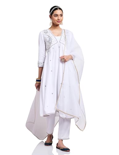 Image of Amazon Brand - Myx Women's Embroidered Anarkali Kurta Pant Set with Organza Dupatta | Salwar Suit (Available in Plus Sizes)