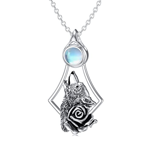 Pendentif loup argent 925 mixte avec pierre de lune rose naturelle