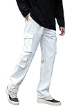 OYOANGLE Men's Drawstring Waist Straight Leg Streetwear Cargo Pants Trousers with Flap Pockets White S