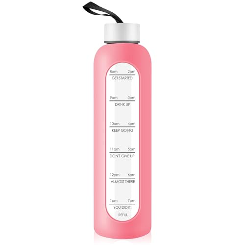 Gistome 1 Liter Glass Water Bottle with Stainless Steel Lid - 1000ml Sports Drinking Bottle with Time Marker, Reusable Shatterproof Silicone Case Bottle for Fitness Gym Outdoor Travel Workout (Pink)
