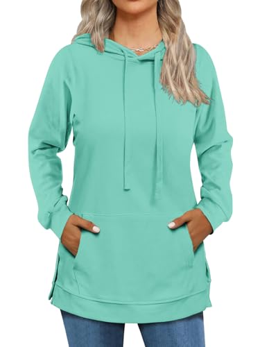 Cuptacc Pull Femme Sweat A Capuche Femme Haut Sport Manches Longues avec Poche Hiver Chic Occasionnel Aquablue XL 46-48