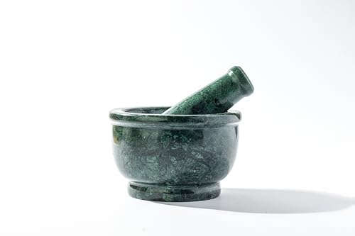 Image of BR AND SONS GREEN Marble Mortar and Pestle Set - 4 Inch Traditional Imam Dasta Kundi Kharal Okhli Khalbatta - Natural Stone Spice Grinder for Kitchen - Indian Masher