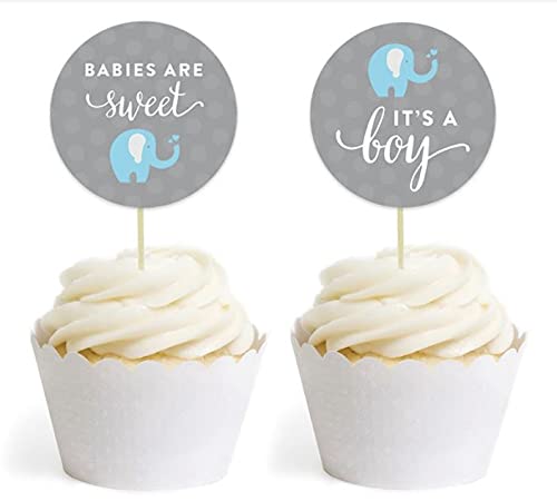 Andaz Press Boy Elephant Baby Shower Collection, Cupcake Topper DIY Party Favors Kit, Babies are Sweet! It's a Boy!, 20-Pack