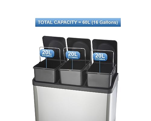 Image of Step N' Sort 60L 3-Compartment Kitchen Recycling Bin - Stainless Steel Trash & Recycling Can with Hands-Free Step Pedals (3 x 20L)