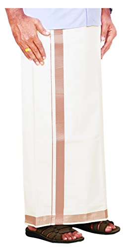YETTALAN® Mens Copper Jari Border 100% Cotton Cream Dhoti 4.00 Meters Double Mundu/Vesti