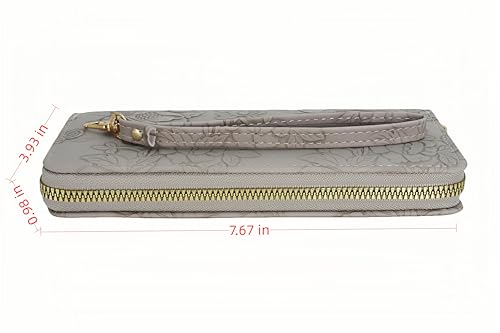 Women's floral embossed wallet with long zipper design, detachable wristband, ultra-thin large capacity phone bag, card bag, 7.67 x 3.93 inches gray2