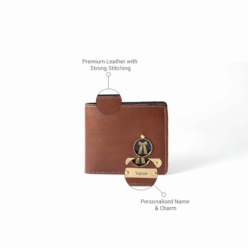 Image of Personalized Name & Charm Leather Wallet for Men |Customized Valentine Propose Day Gifts for Men Boy Teens Boyfriend Husband Father Friend Family Office Lover Couples (TAN)