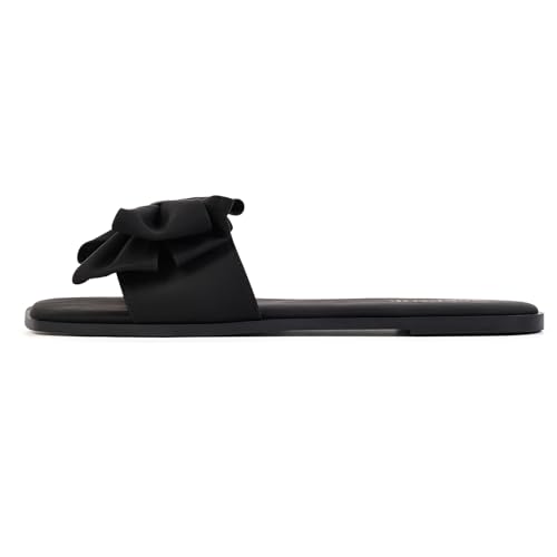 Image of Women's Bow Flat Sandals Open Saquare Toe Comfortable Slide for Wedding Beach Vacation