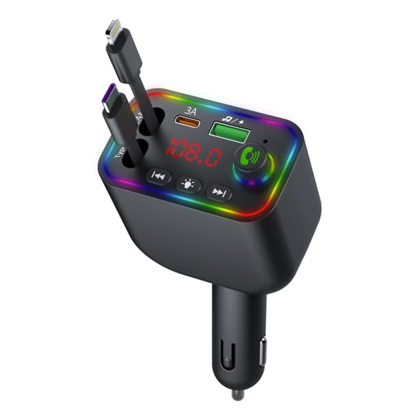 CAR-L4 FM Transmitter Auto Bluetooth 5.3, 120W Schnellladegerät mit USB/3.1A, Typ-C & Lightning Kabel, Schwenkbarer Kopf, 7-Farben LED, MP3 Player, Freisprechanlage, U-Disk Unterstützung