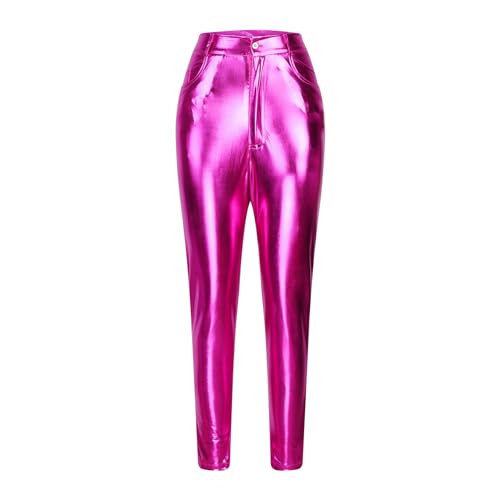 HGps8w Women's Metallic Shiny Leggings - High Waisted Faux Leather Pants Wet Look Skinny Glamour Tights3