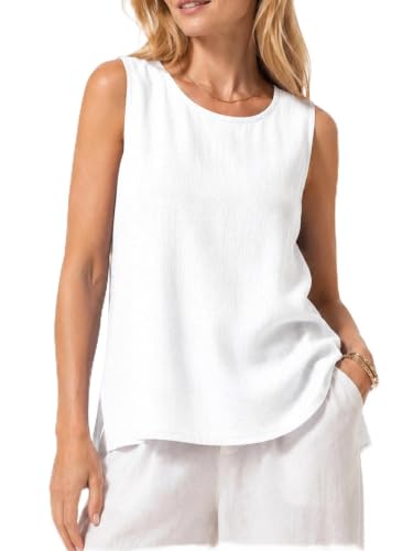 Image of Cotton Linen Vest Tank Tops for Women Summer Casual Comfy Linen Shirts Loose Sleeveless Crew Neck Vests Gauze Lightweight Breathable Solid Color T-Shirts (UK, Alpha, M, Regular, Regular, White)
