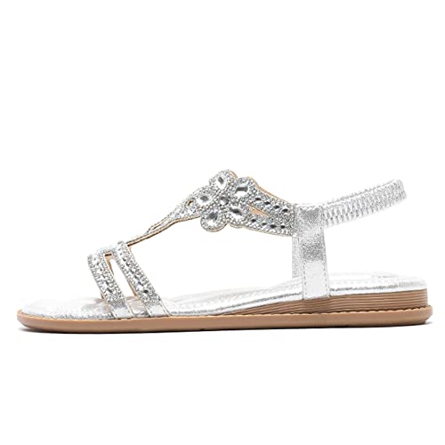 Womens Flat Sandals With Ankle Strap Peep Toe Ladies Rhinestone Sandals Flower Slingback Bohemian T-bar Shoes Beach Vacation Size 3-8 UK (8,Sliver)